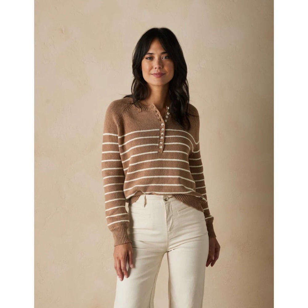 Normal Brand Womens Josefine Henley Sweater Long Sleeve Striped Green Medium
